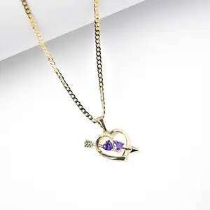 14K Gold Plated Cupid Heart Necklace – Crystal Heart Pendant 1mm Cuban Chain 16” 18” 22”