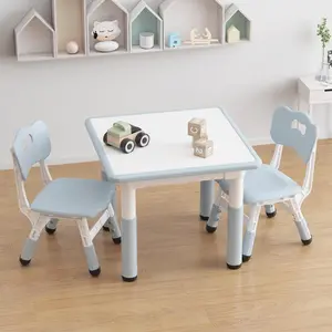 Kids Table and 2 Chairs Set, Height Adjustable Toddler Table and Chair Set, Graffiti Desktop, Children Multi-Activity Table for 2, Kids Study Table for Home Daycare Preschool for Ages 2-8,Blue