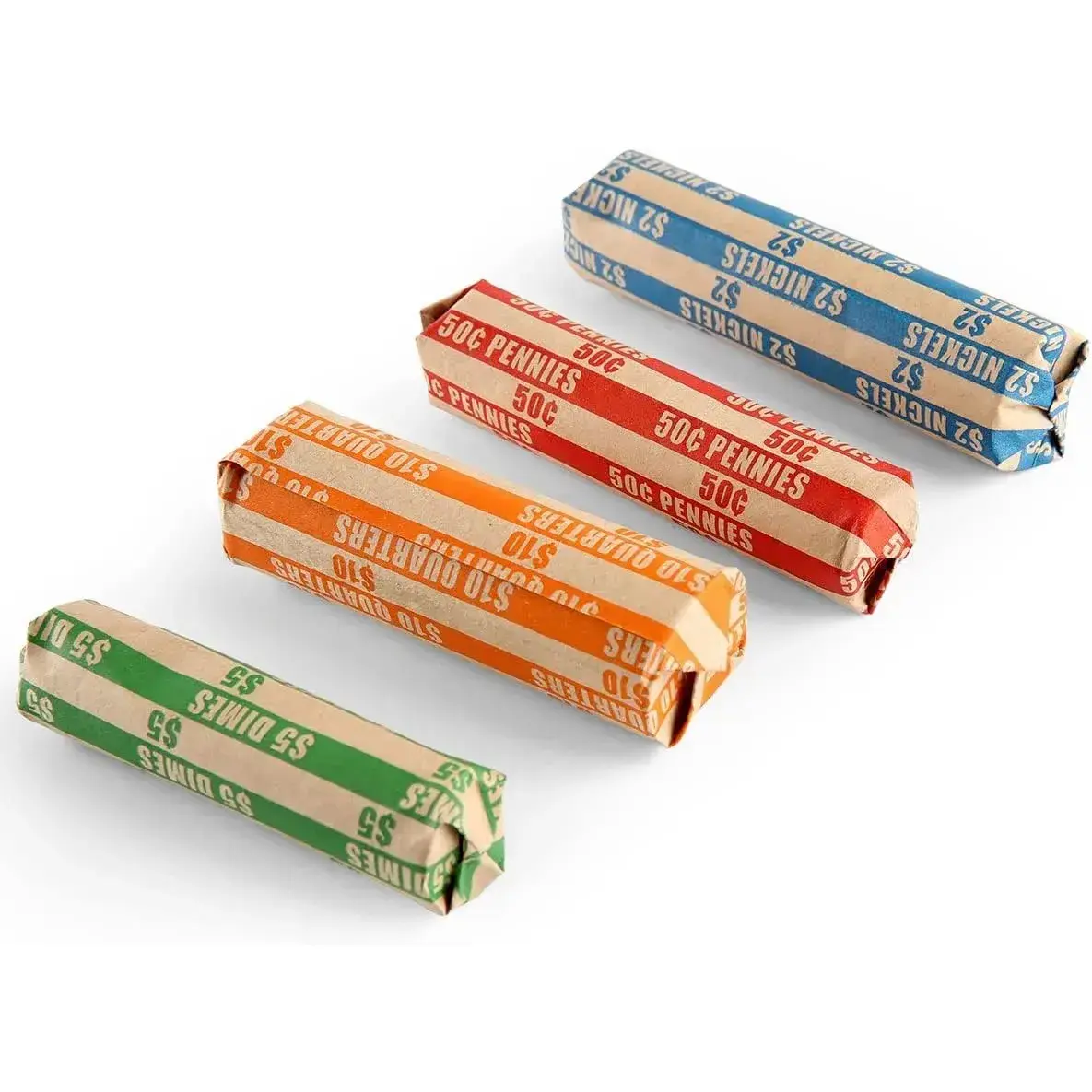 Coin Roll Wrappers - Durable Natural Storage Supplies, 100 Count, Assorted Denominations for Pennies, Nickels, Dimes, Quarters, Kraft Paper, 25 Pennies, 100 Assorted - 25 Of Each