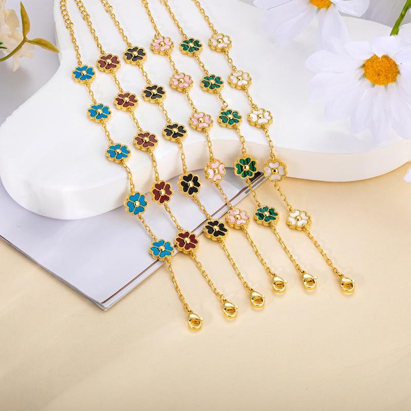 Tewiky Gold Five-Color Clover Bracelet, Paperclip Chain with Five Lucky Clover Charms, Trendy Everyday Jewelry For Valentine's Day gifts