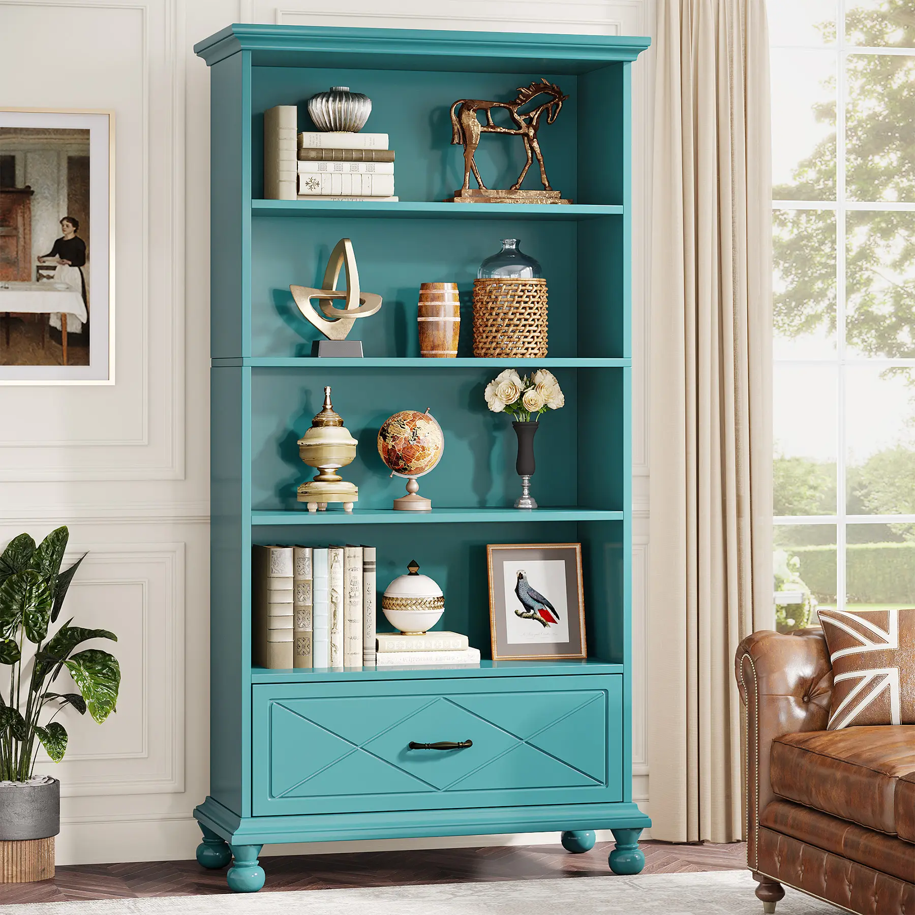 Tribesigns 6 Tier Bookcase with Drawers and Solid Wood Legs Floor Stand for Home Office