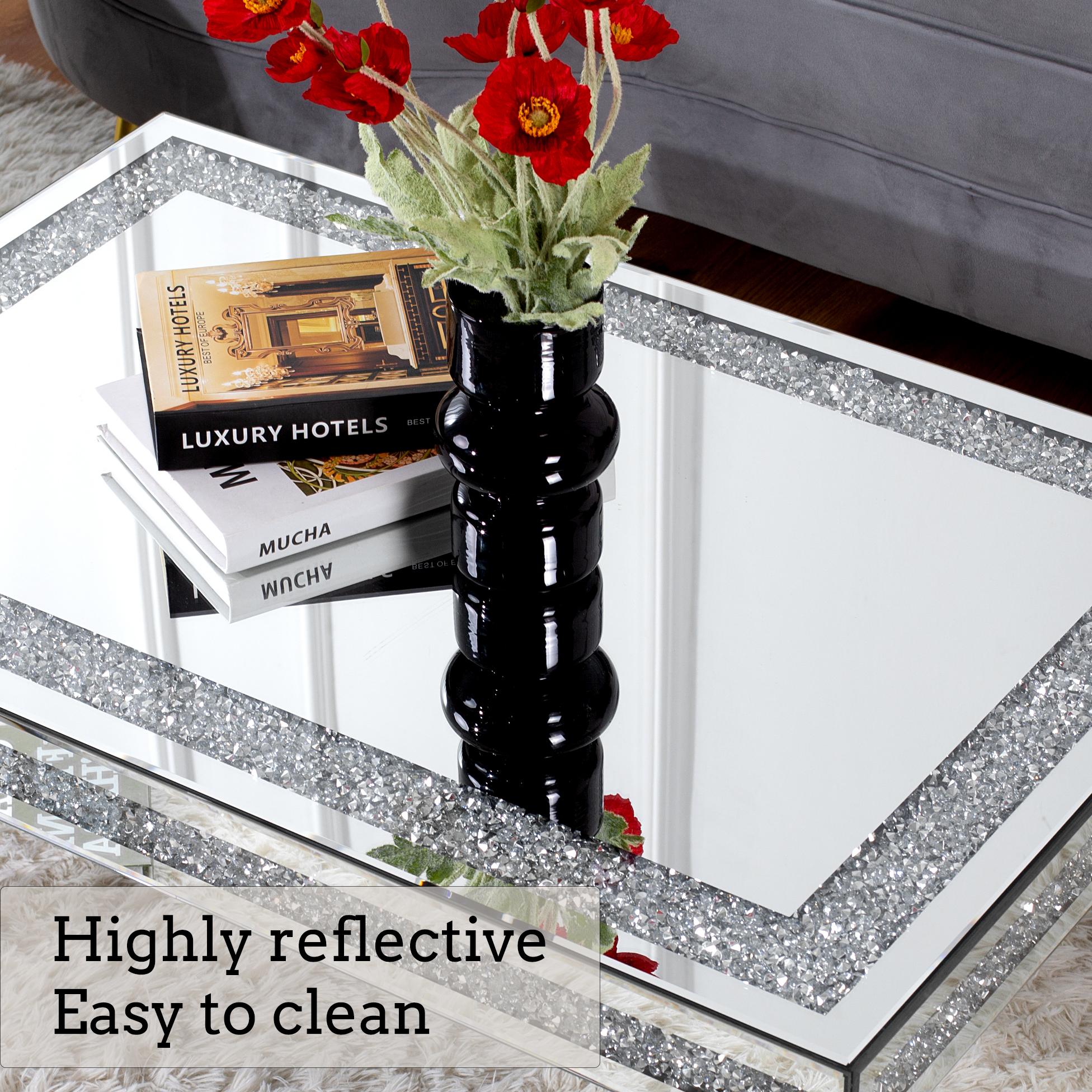 BLINGWORLD Rectangle Coffee Table with Crystal Inlay Mirrored Silver Accent Table