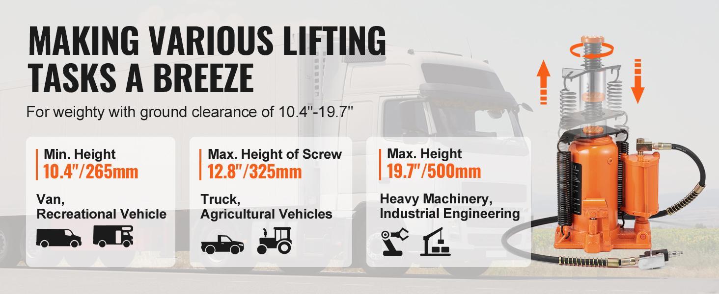 VEVOR Air Hydraulic Bottle Jack, TikTokShopBlackFriday, 20 Ton/40000 LBS All Welded Bottle Jack, 10.4-19.7 inch Lifting Range, Manual Handle and Air Pump, for Car, Pickup, Truck, RV, Auto Repair, Industrial Engineering