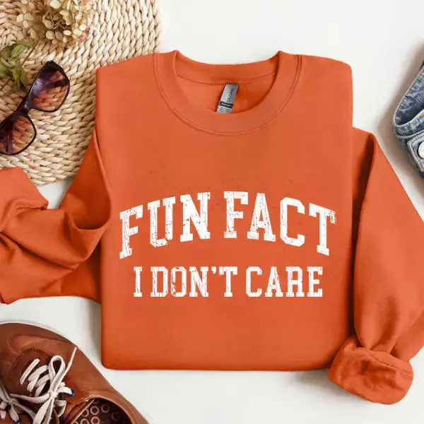 Women's Cotton Crew Neck Sweatshirt - Fun Fact I Don't Care Funny Slogan Graphic Top, Casual Everyday Wear, Trendy Comfortable Pullover, Tops