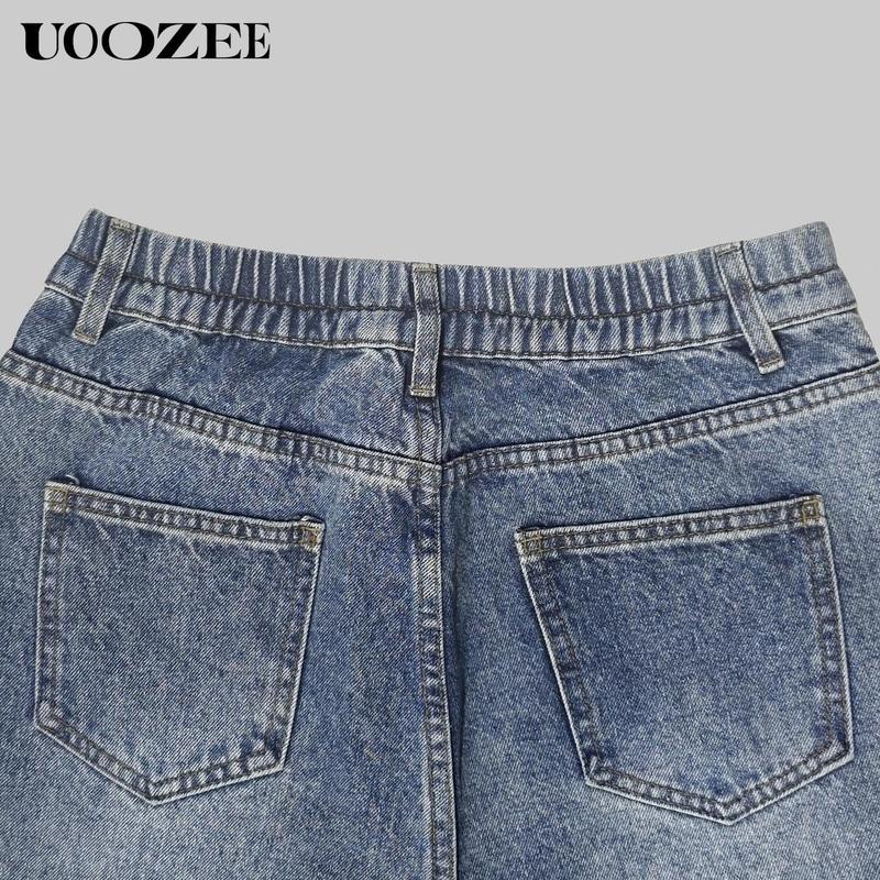 UOOZEE TikTok Exclusive Women's Casual Pocket Decorative Non-functional Buttons Wide Leg Loose Back Elastic Jeans High Waist Single Breasted Non-Elastic Regular Back Waist Comfortable Fit Outfits Womenswear Clothes Denim Bottom straight leg jeans Hip