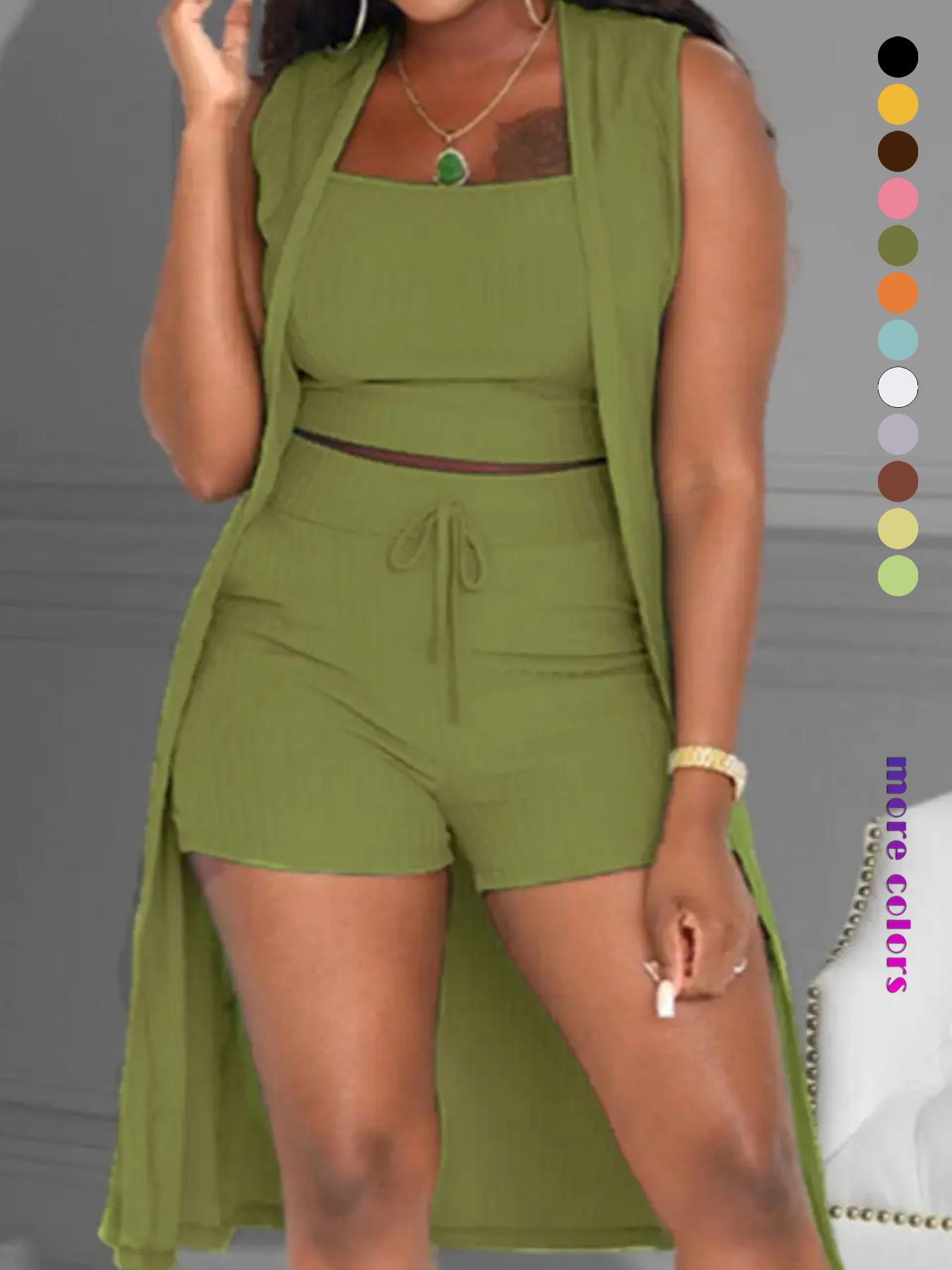 Three-Piece Set Women's Solid Ribbed Co-ord Set, Casual Crop Tank Top & Drawstring Waist Shorts & Vest Coat Set for Daily Wear, Summer Clothes, Women's Clothing