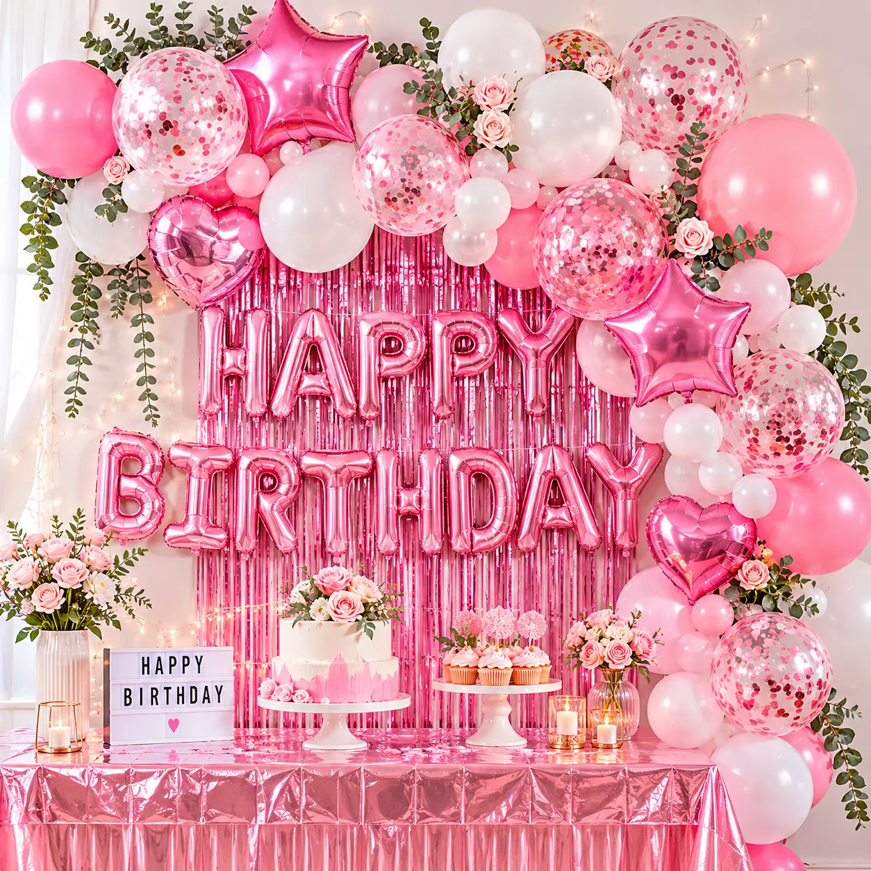 Shiny Pink Girls' Birthday Party Supplies Kit - Rose Gold Backdrop Banner Balloons, Fringe Curtain, Hearts Balloons, Star Accents, Pink Confetti, Foil Tablecloth for Table Decor, Photo Backdrops