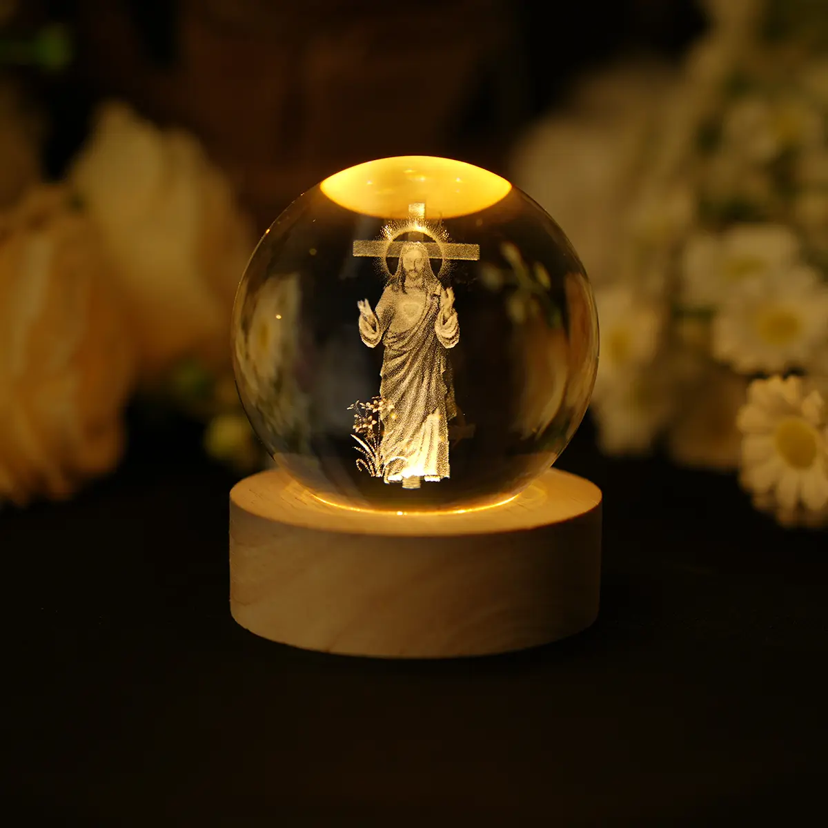 Glow-in-the-Dark Jesus Crystal Ball Statue with Wooden Base, Ornate Religious Decor, Home Spiritual Decor, Jesus Ornaments for Religious Collection Gifts