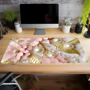 Floral Pearl  Pattern Desk Mat,  Aesthetic Painting Large Gaming Desk Mat, Office Desk  Poccessories, Desktop Accessory, Non-slip Rubber Base Stitched Edge Desk Pad for Home Office Game, Pastel Color