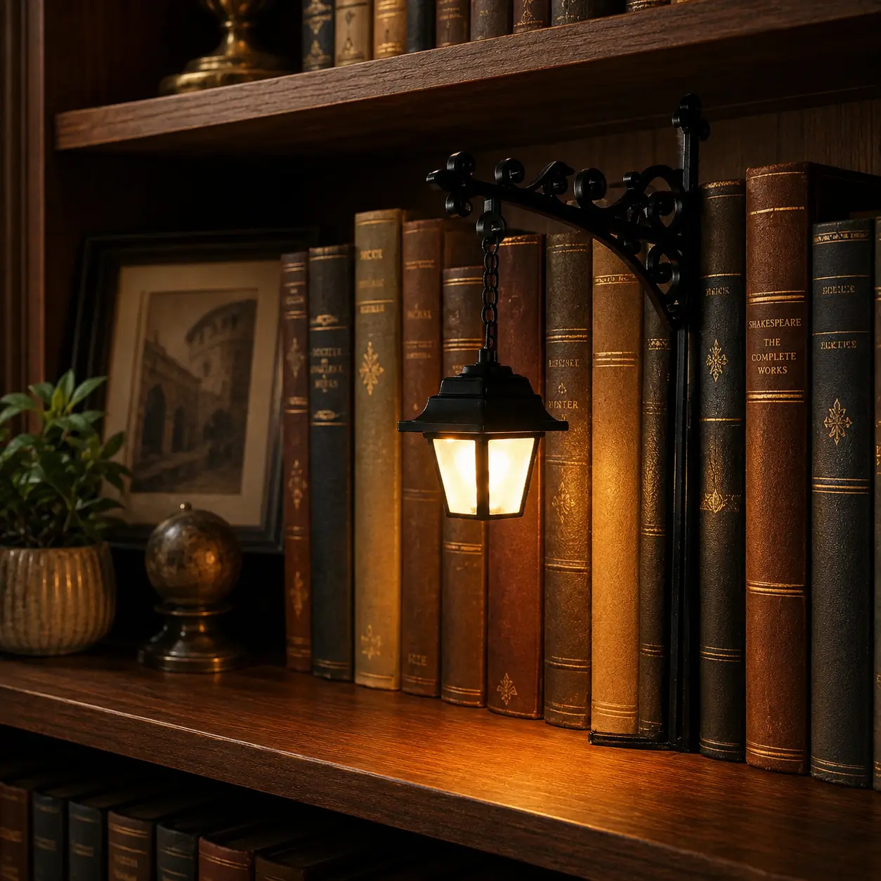 Library Lantern Bookshelf Lamp, Vintage Hanging LED Shelf Light with Bookend-Style Base, Halloween decorations Warm Decorative Reading Nook Lamp for Home Library, Study Corner, Bookworms & Book Lovers Gift