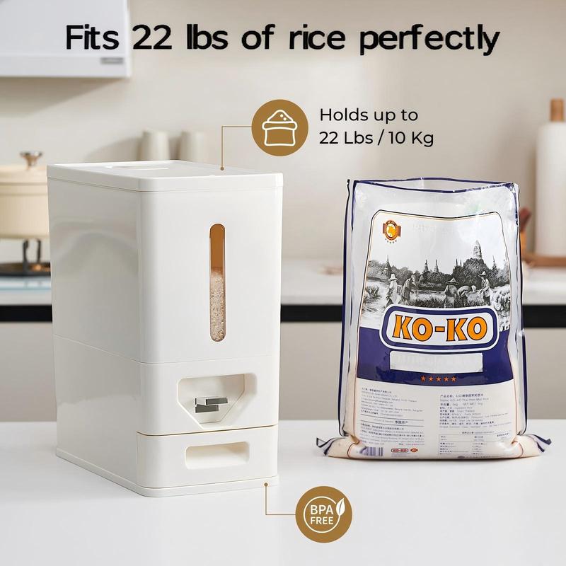 UFORU Rice Storage Container for Kitchens & Pantries: Space-Saving Press-to-Dispense Design + Airtight Seal to Block Pests & Dust. BPA-Free with Viewing Window + Built-In Measuring Scoop. Perfect for Busy Households!