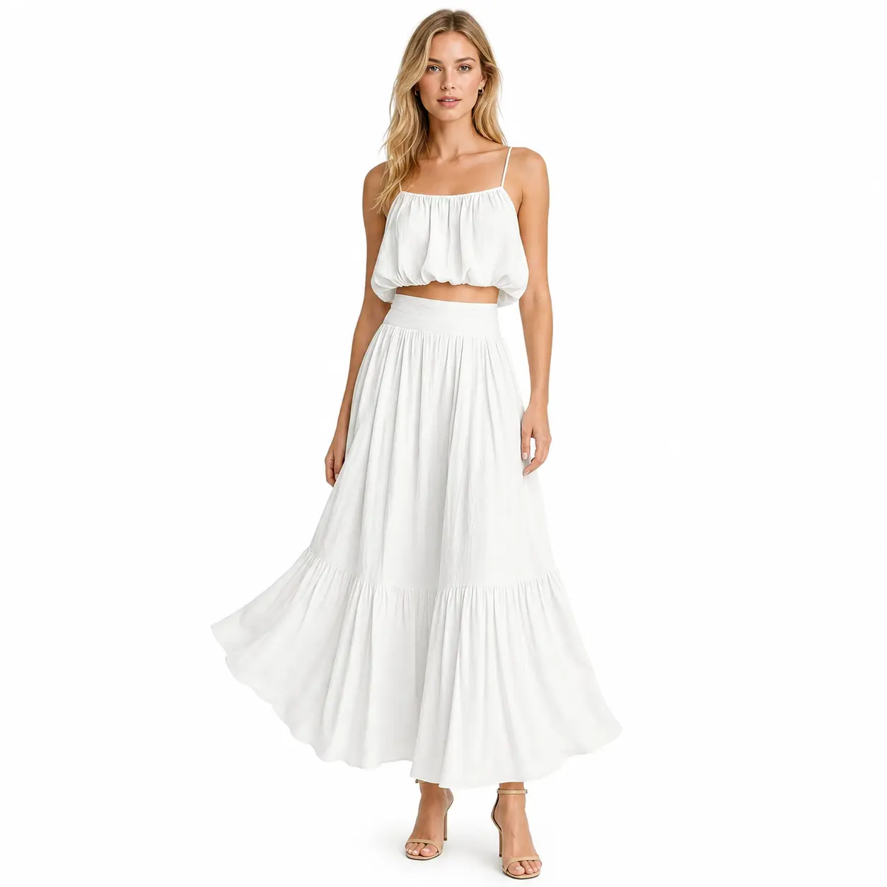Women's 2-Piece Chic Solid Color Crop Top & High Waist Maxi Skirt Set - Square Neck, Sleeveless, Comfortable Vacation & Party Wear (Matching Accessories Compatible)