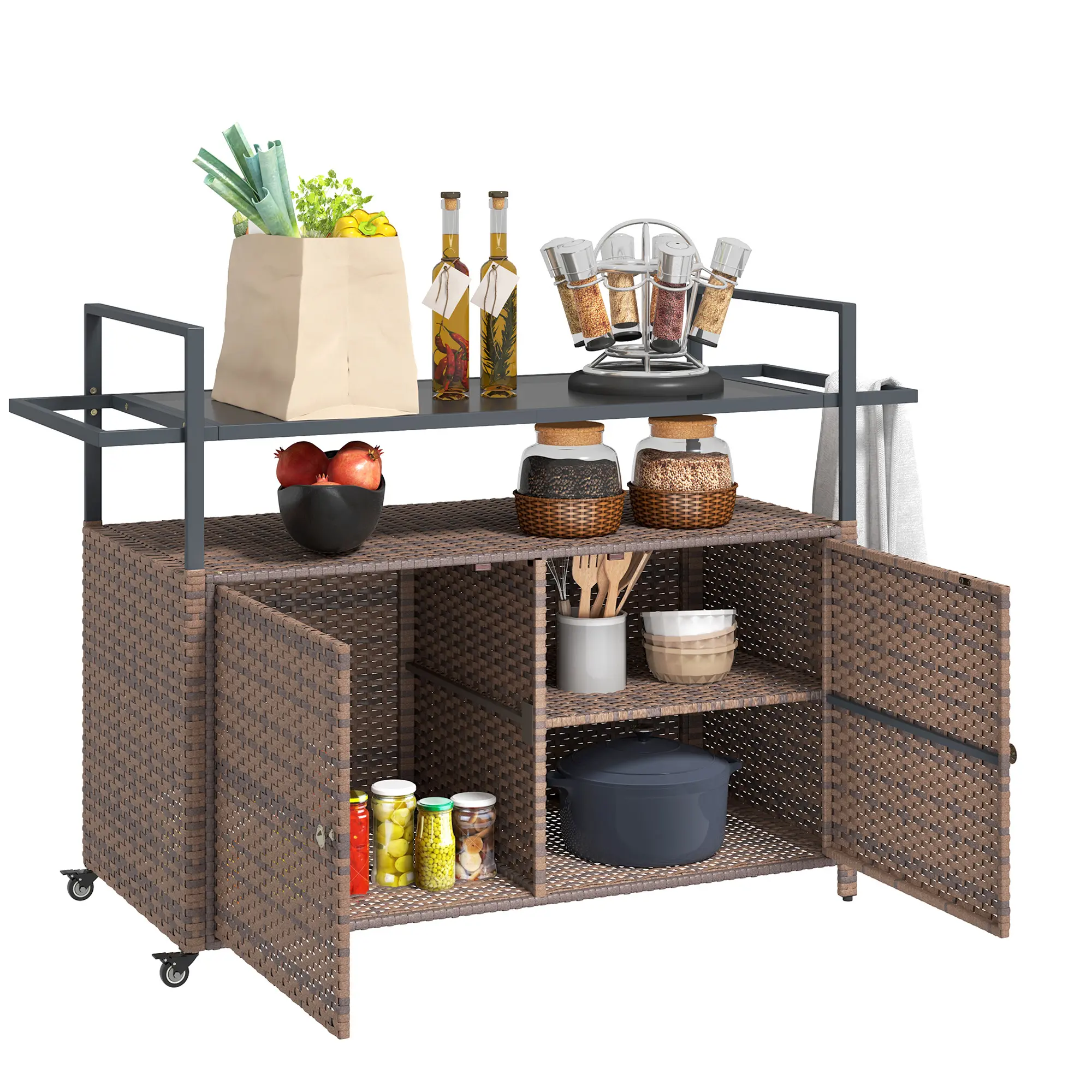 Outsunny PE Rattan Outdoor Storage Cabinet – Multi-Use Movable Double-Deck Bar Table Kitchen Island with Wheels, 2-Tier Shelf, Glass Top, Handles, Towel Racks for Patio, Poolside | Outdoor & Backyard Garden Accessories, Outdoor Garden Accessories