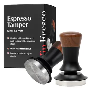 Espresso Tamper for 54mm Portafilter – Adjustable Depth Spring Loaded Tamper for Consistent Tamping – Barista Coffee Press Tool with Stainless Steel Base – Black & Walnut