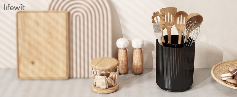 Utensil Holder for Kitchen Counter, Cooking Silverware Caddy with Non-Slip Rotating Base, Large 3 Compartment Plastic Spoon Spatula