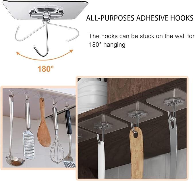 [New Deal] 20 Pack Adhesive Hooks for Hanging, Heavy Duty Wall Hooks , Removable Sticky Ceiling Hooks, Transparent Self Adhesive Shower Hooks, Water & Oil Proof Strong 22lb(Max) Door Coat Hooks Organiser Hangable