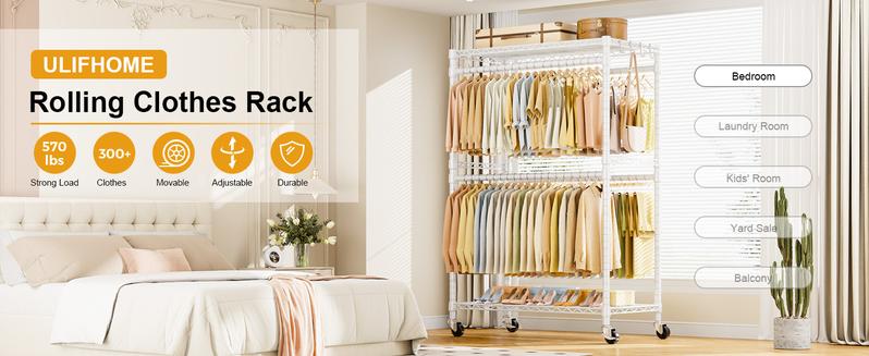P4 Plus ULIFHOME Rolling Clothing Racks for Hanging Clothes, Heavy Duty,  Free Standing Garment Racks with Wheels, Portable Closet Rack 45''W × 20.5''D × 80.5''H, Max Load 570 Lbs, White