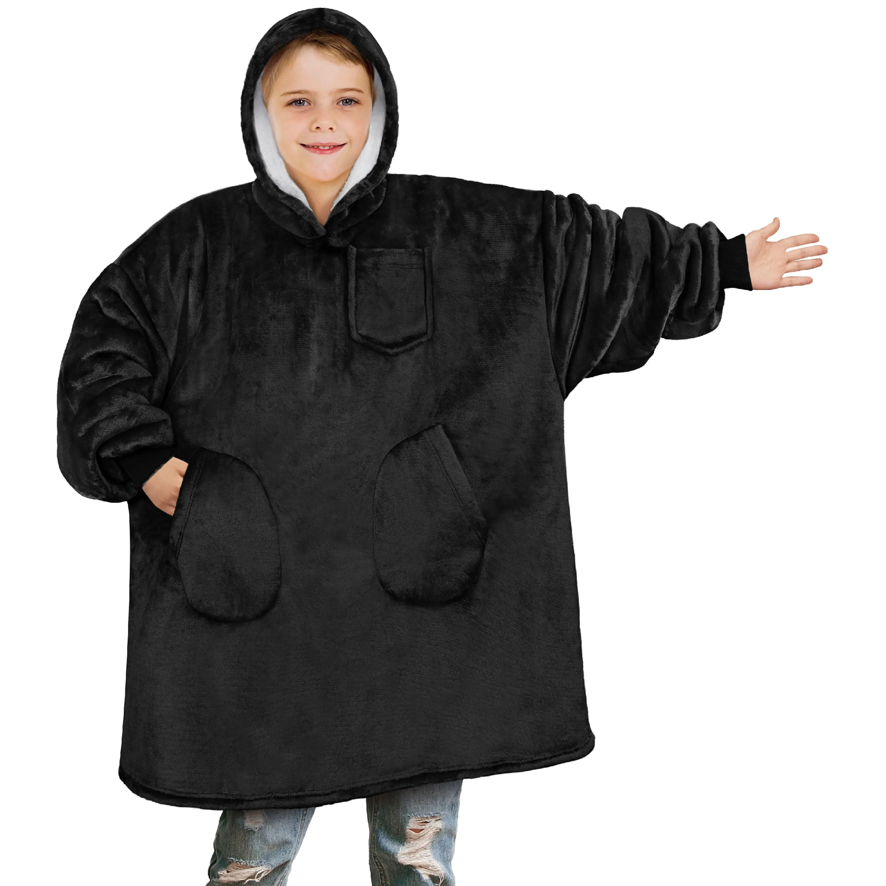 PAVILIA Wearable Blanket Sweatshirt for Kids Boy Girl, Warm Cozy Giant Blanket Hoodie, Fleece Sherpa Oversized Blanket Sweatshirt with Sleeves, Two Pocket