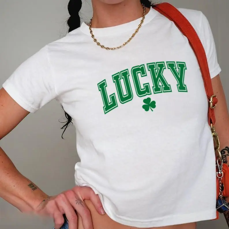 Varsity Lucky 4 Leaf Clover Baby Tee, Four Leaf Clover Baby Tee, St Paddys Tee, St Pattys Day Tee, Y2K Baby Tee, St Patricks Day Crop