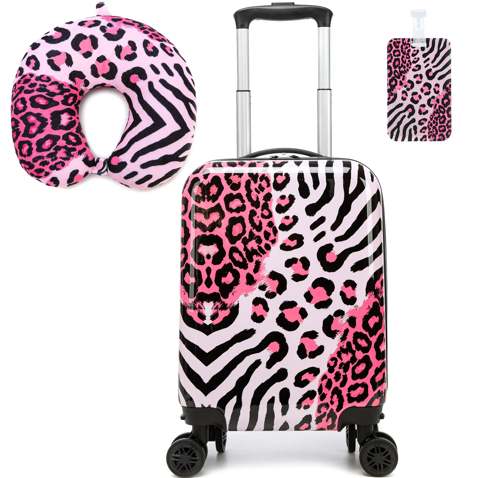 3-Piece Luggage Set for Girls, Cute Donut Print ABS Hardshell Travel Bags with 360° Spinner Wheels, Includes Neck Pillow & Tag, Travel Luggage, Travel Gear