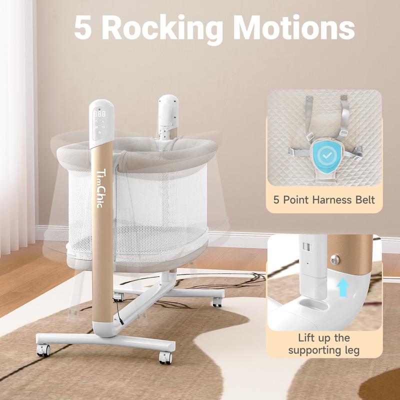 TIMCHIC 3-in-1 Auto Rocking Bassinet – Electric Bedside Crib, Adjustable Heights, On Wheels – Keeps Baby Calm & Close (0-12 Months)