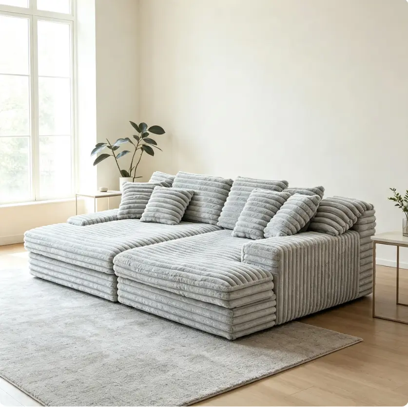Light grey plush ribbed L-shaped sectional sofa. Thick vertical stripe fuzzy fabric offers ultimate cozy relaxation. Comes with matching throw pillows, flexible chaise layout, soft neutral tone perfect for warm modern living room spaces.