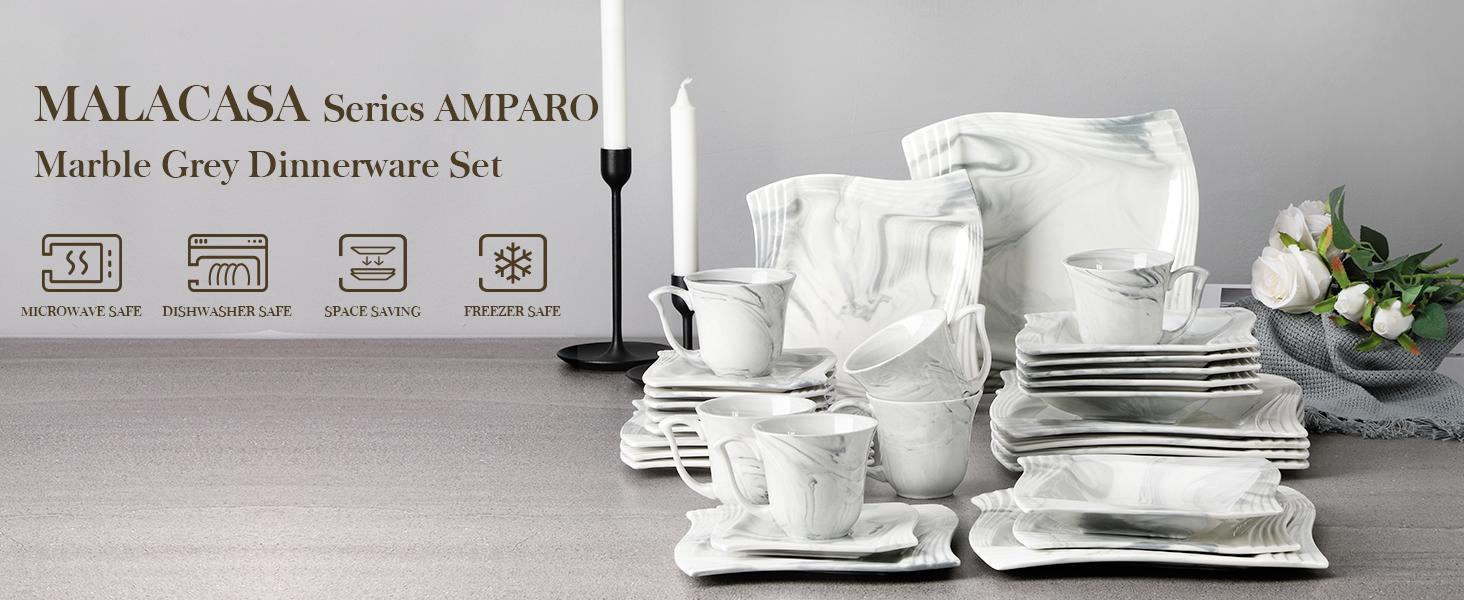 MALACASA Porcelain Dinnerware Sets 30 Pcs with Square Dish Set, Dinner Plates, Dessert Plates, Soup Bowls, Cups & Saucers, Series Amparo Cutlery Tableware Winter Holiday