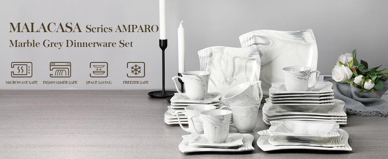 MALACASA Porcelain Dinnerware Sets 30 Pcs with Square Dish Set, Dinner Plates, Dessert Plates, Soup Bowls, Cups & Saucers, Series Amparo Cutlery Tableware Winter Holiday