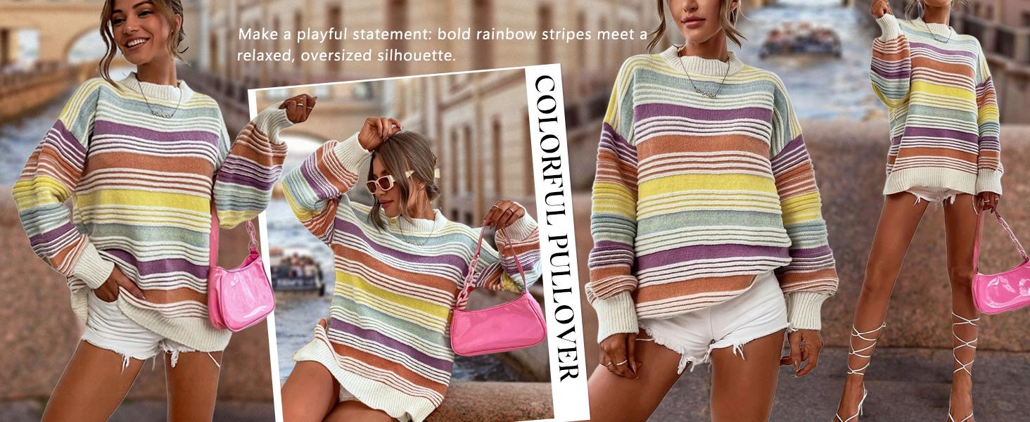 UTCOCO Women's Rainbow Contrast Striped Pullover Sweater 2026 Oversized Knit Jumper Tops for Fall Winter Casual Wear SpringStatements