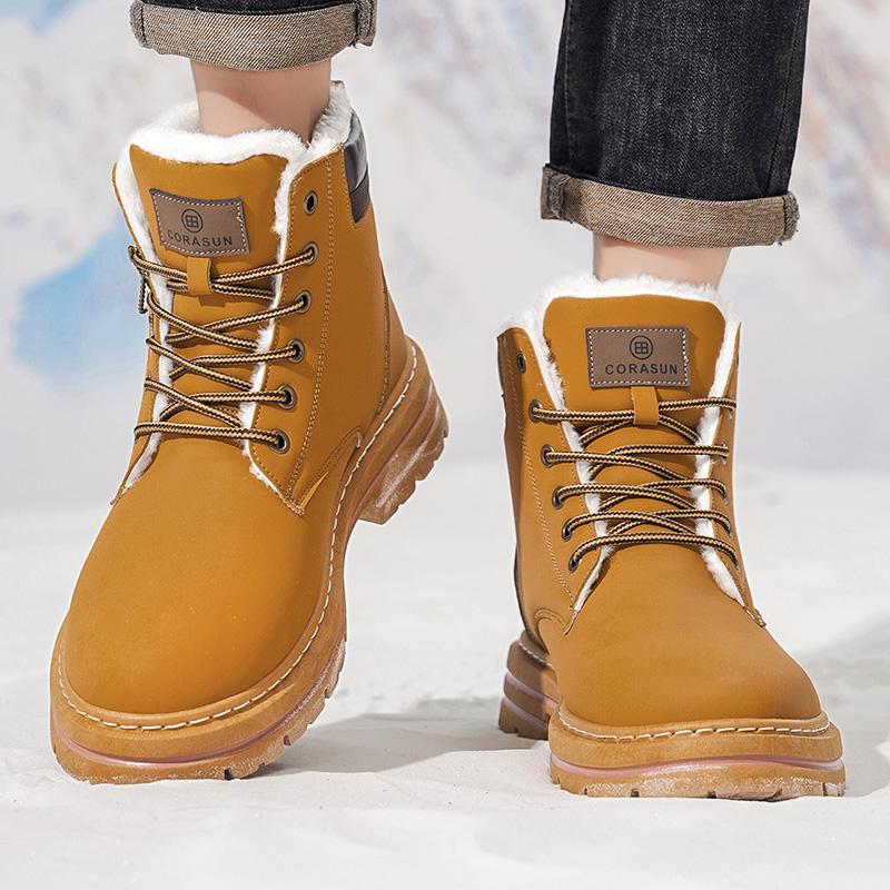 CORASUN 2025 US multi warehouse shipment for autumn and winter men's mid top sports and leisure shoes with fleece snow boots, anti slip work boots, leather covered outdoor boots, fashionable motorcycle boots