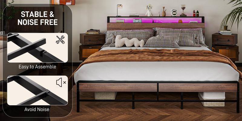 HOMCOM Bed Frame with Storage Headboard, Platform Bed Frame with LED Lights, Charging Station, Steel Slats, Noise-Free & Easy Assembly, No Box Spring Needed