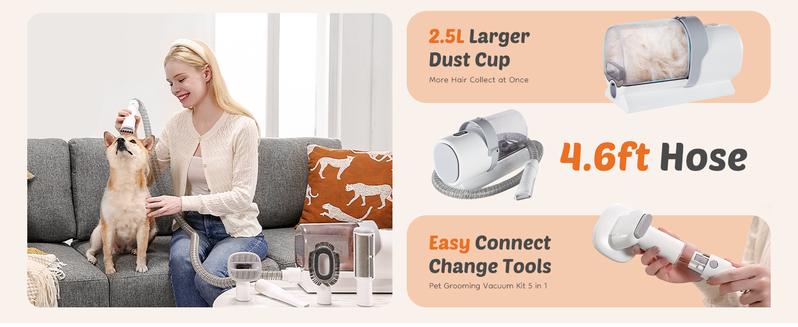 Professional Pet Grooming Vacuum Kit with Cordless Low Noise Dog Clippers & 5 Groomer Tools for Cats and Dogs, Includes 2.5L Dust Cup