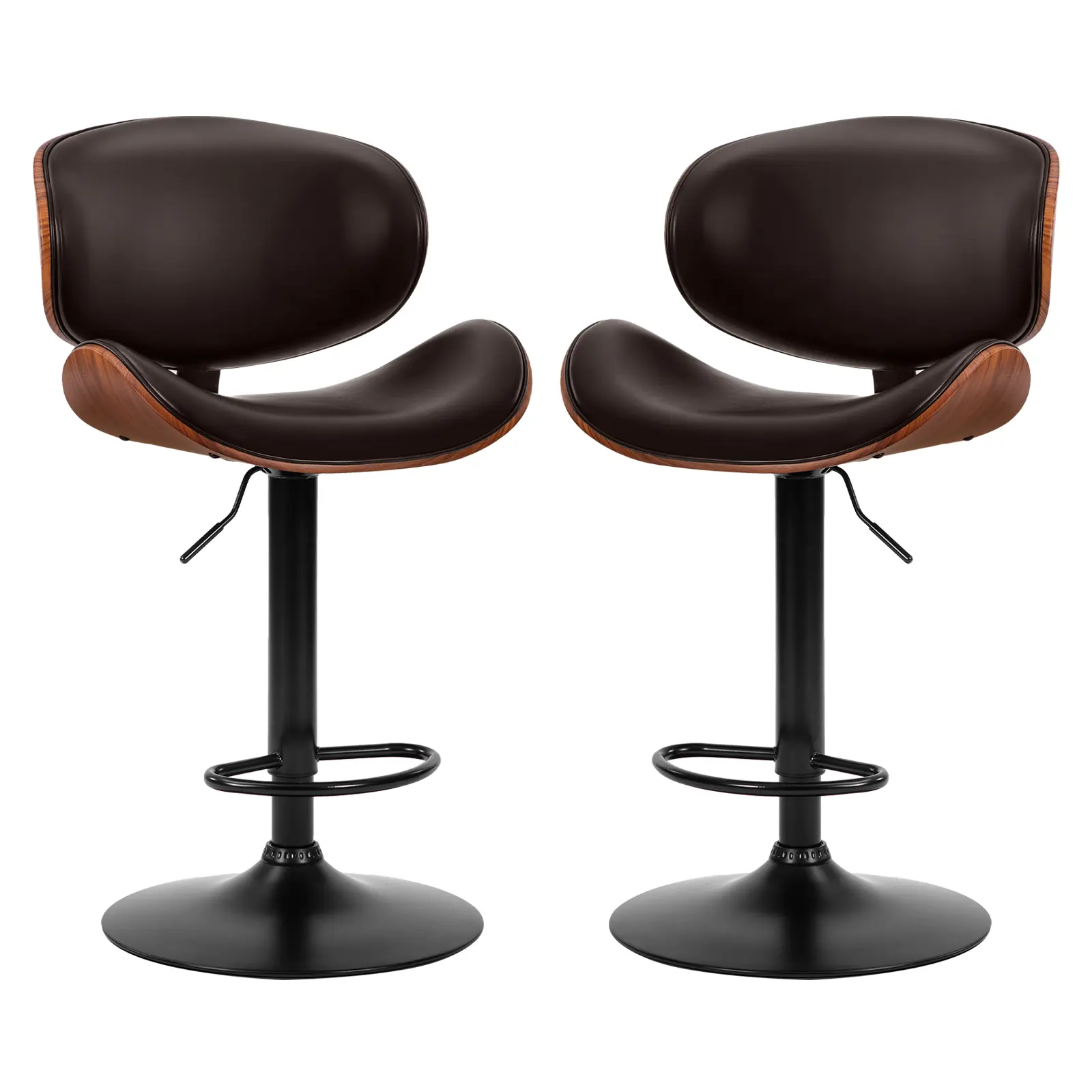 Sweetcrispy Set of 2 Adjustable Bentwood Bar Stools, Modern PU Leather Upholstered Kitchen Counter Bar Chairs with Back and Footrest, for Kitchen, Dining Room, Pu Leather Upholstery