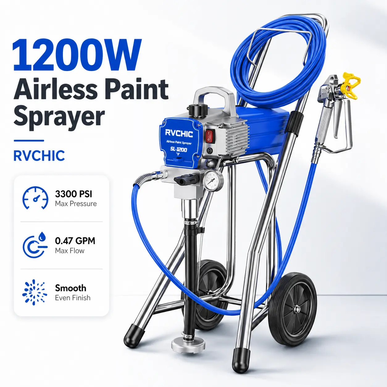 Airless Paint Sprayer for Walls, Fence & Furniture, RVCHIC High Pressure Electric Paint Spray Machine with Portable Cart, 3300 PSI, 35FT Hose, Extension Rod, Smooth Finish for Home DIY Projects