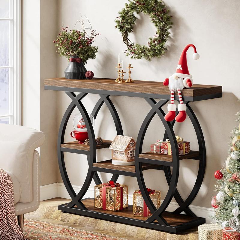 LITTLE TREE 39.4" Console Table, Industrial 4-Tier Sofa Table Entryway Table with Storage Shelves, Narrow Wood Accent Tables with Metal Frame for Small Spaces, Hallway, Foyer