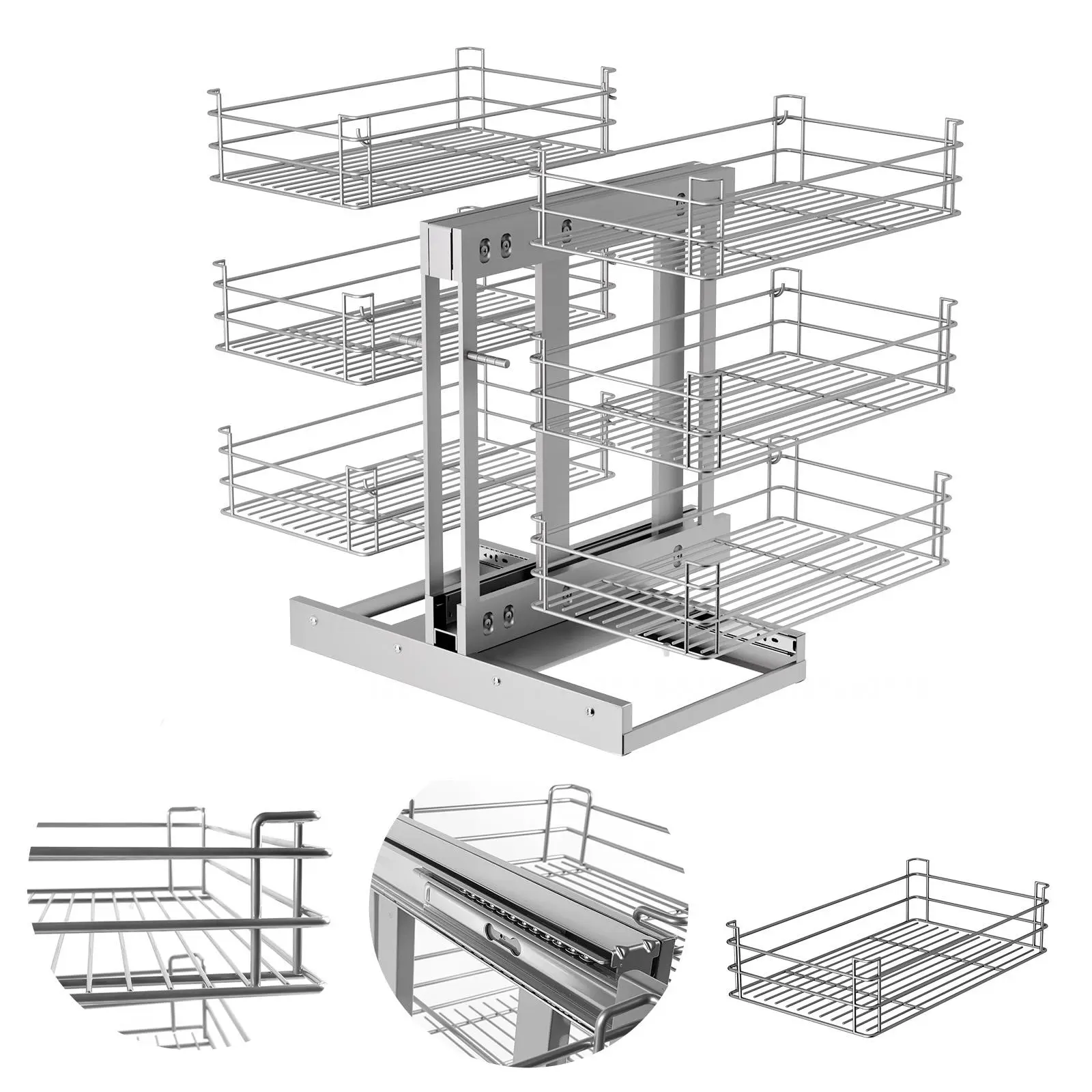 Stainless Steel Pull Out Blind Corner Cabinet Organizer - 17 in Opening, 3-Tier, 6-Baskets, Chrome Soft Close Contemporary Storage Organization for Pantry, Dishes