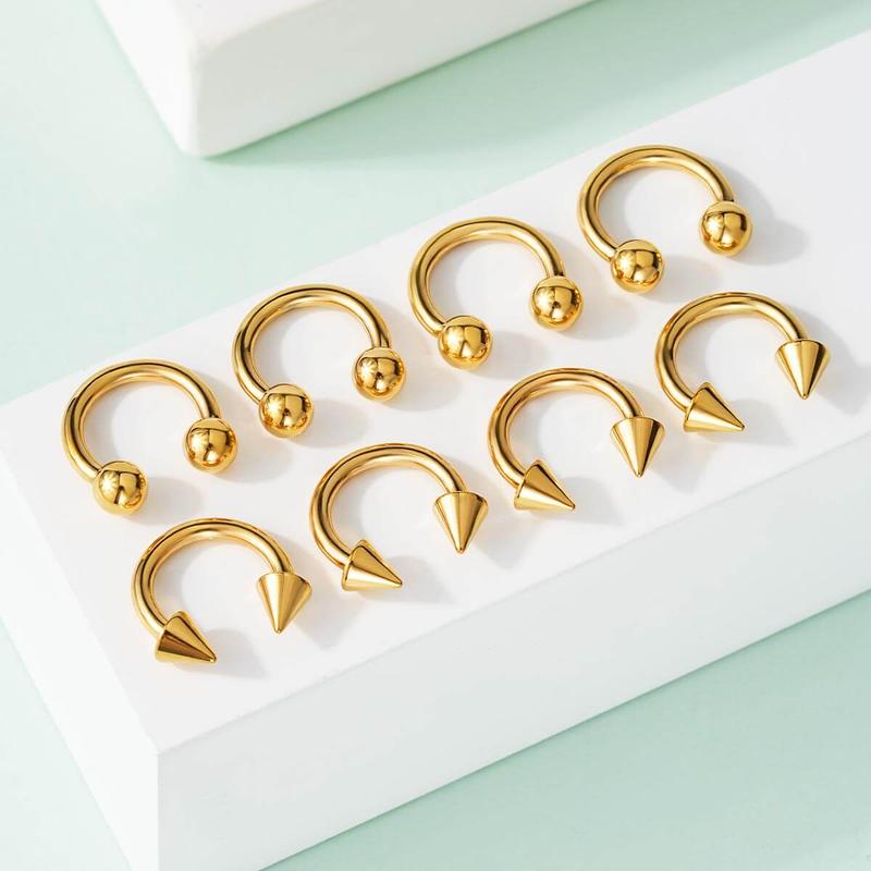 Oufer 8PCS Horseshoe Septum Nose Piercing Ring 316L Stainless Steel Silver Black Gold 8mm 10mm 12mm Hypoallergenic Classic Ball Closures Bold Spike Designs
