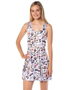 Harry Potter Women's Allover Chibi Character Print Adult Casual A-line Skater Dress For Spring And Summer (X-Large)