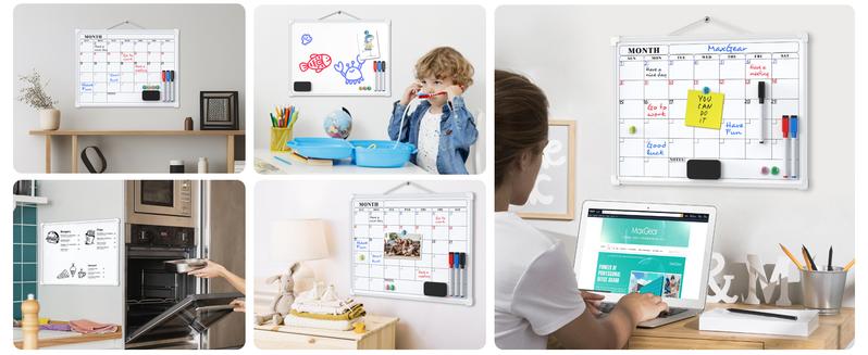 MaxGear 16"x12" Double-Sided Monthly Calendar Dry Erase Board for Wall Hanging Whiteboard with 3 Markers & 4 Magnets Portable for Students Planning Drawing Memo To-Do List