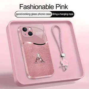 Luxury Pink Phone Case with Lanyard Initial Letter A-Z Cover for iPhone 14 --975