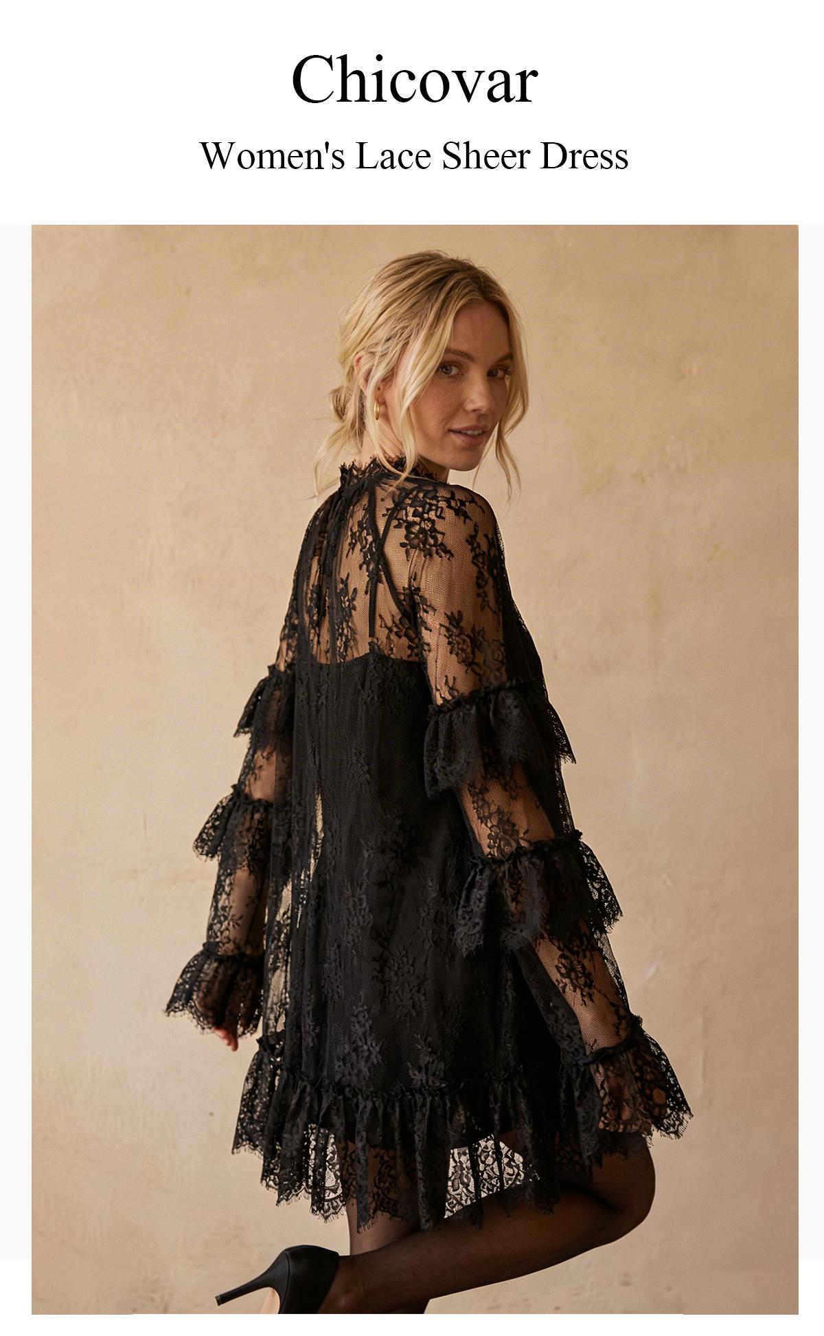 Women’s Sheer Black Lace Mini Dress, Long Sleeve Crew Neck Elegant Cocktail Dress with Ruffled Hem,Easter dress, Slim Fit Party & Evening Wear