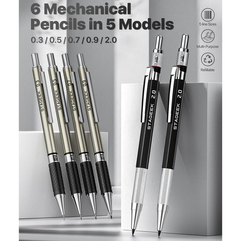 STAGEEK 6 Pack Art Mechanical Pencil Set, Drafting Pencil,3Pack Metal Drafting Pencil 0.5 mm & 0.7 mm & 0.9 mm & 3Pack 2mm Graphite Lead Holder (2B HB 2H) with 492PCS Leads (6B 4B 2B HB 2H 4H Color)For Writing, Sketching Drawing With Lead Refills Case STAGEEK 6 Pack Art Mechanical Pencil Set, Drafting Pencil,3Pack Metal Drafting Pencil 0.5 mm & 0.7 mm & 0.9 mm & 3Pack 2mm Graphite Lead Holder (2B HB 2H) with 492PCS Leads (6B 4B 2B HB 2H 4H Color)For Writing, Sketching Drawing With Lead Refills Case