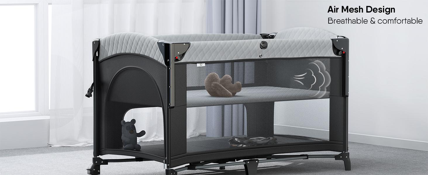 BabyBond Baby Crib 5 in 1 Foldable Baby Bassinets Bedside Sleeper,Large Playard Pack with Mattress, Storage Basket and Mosquito Net, Height Adjustable for Nursery, Ideal Chirstmas Gift for Baby,  Babyshower Gift