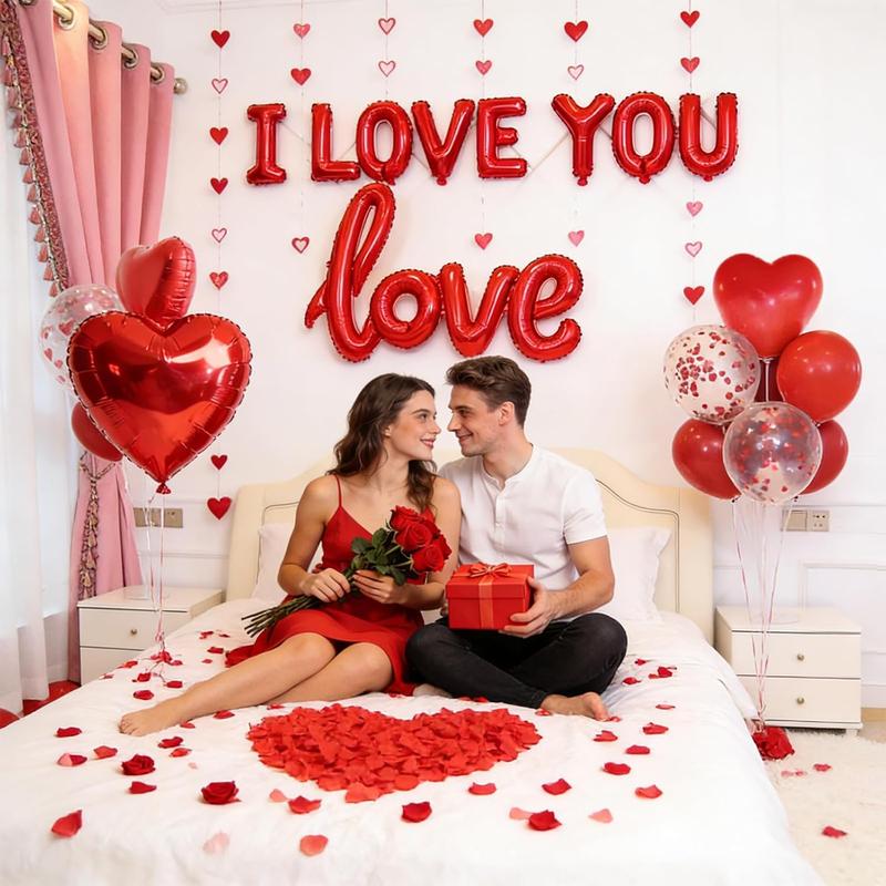 1100PCS Valentine's Day Balloons Kit with XOXO, Red Heart and I Love You Balloons,1000 Silk Rose Petals, 50 Heart Hangers for Valentines Decorations Anniversary, Proposal, Romantic Wedding Party