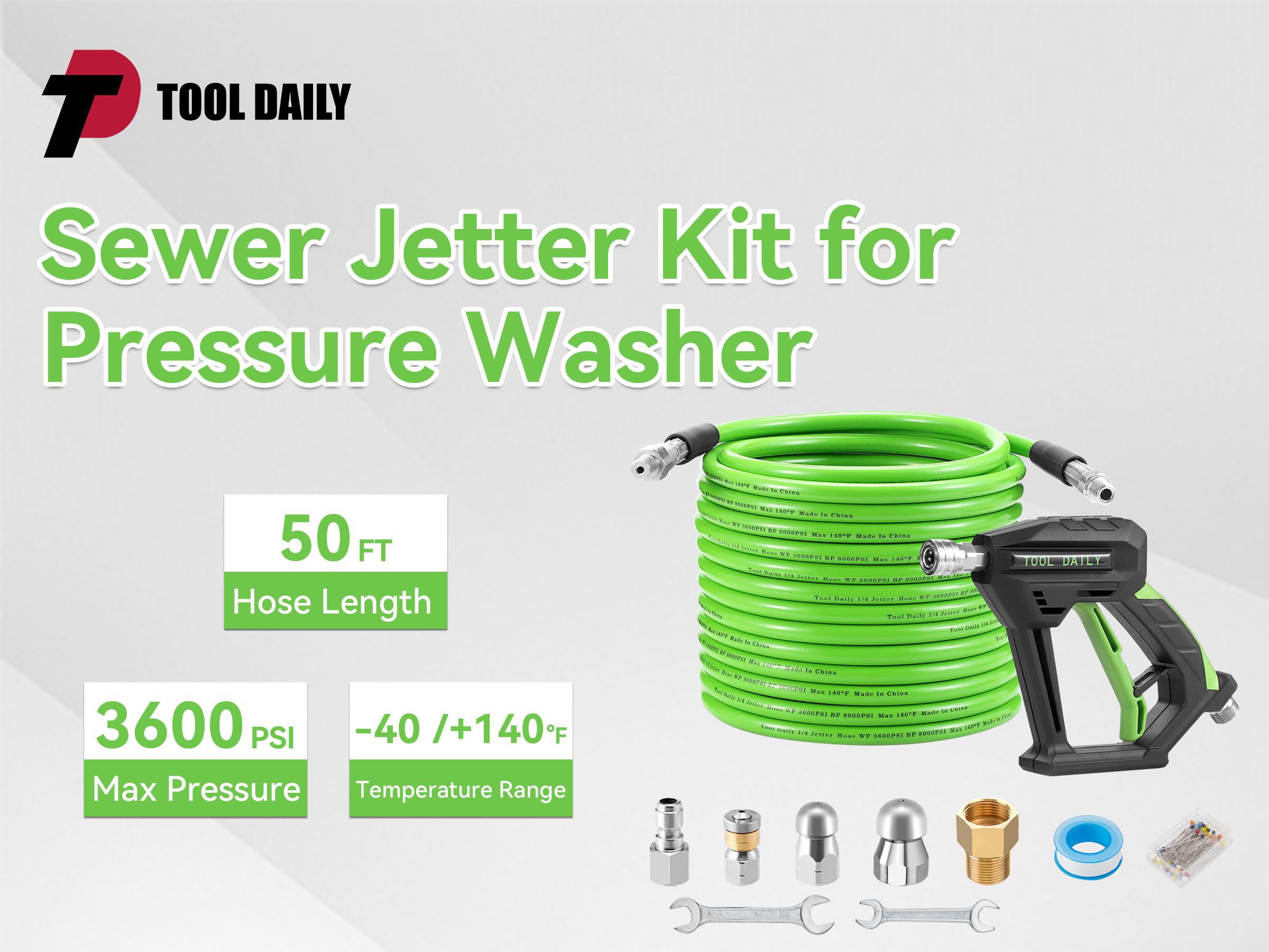 Tool Daily Sewer Jetter Kit for Power Washer 100 FT Heavy Duty Hose,Short Spray Lance,Drain Cleaning,1/4 Inch NPT,Sewer Jetting Nozzle,3600 PSI