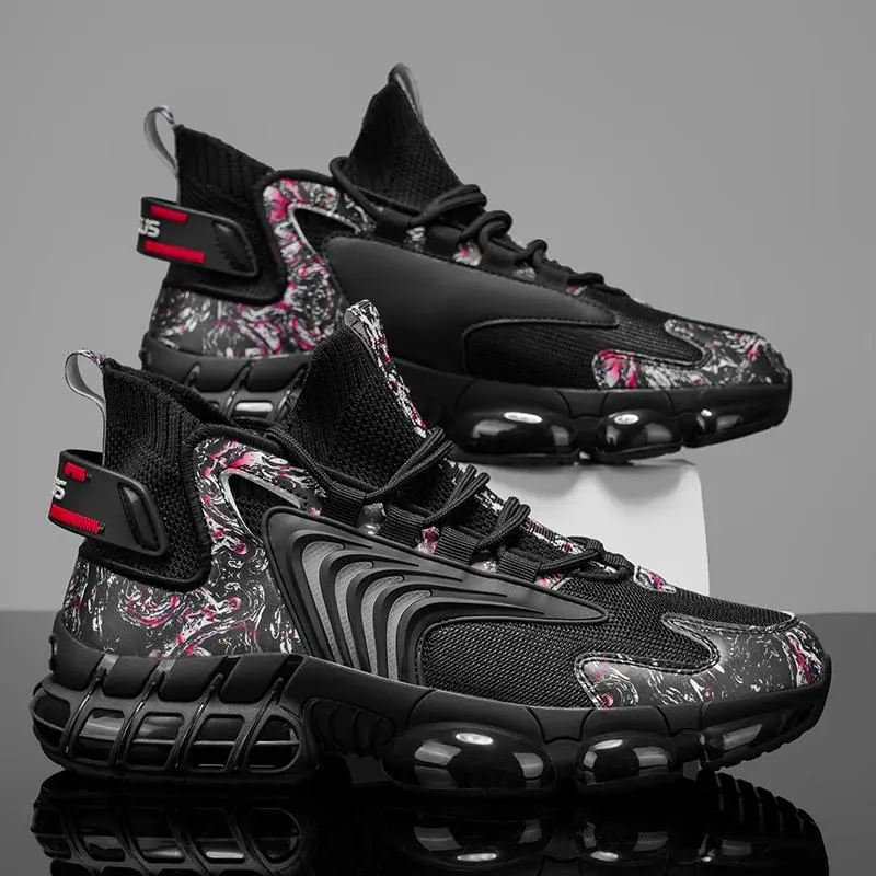 Men's Athletic Footwear - Chunky Platform Walking Shoes in Breathable Mesh with Marble Accents and Lightweight Air Cushion Shock-Absorbing Sole, Trainer