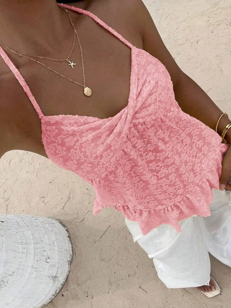 Sunnyshic Solid Color Lace Patchwork Twist Front Camisole Tank Top, Fashionable Summer