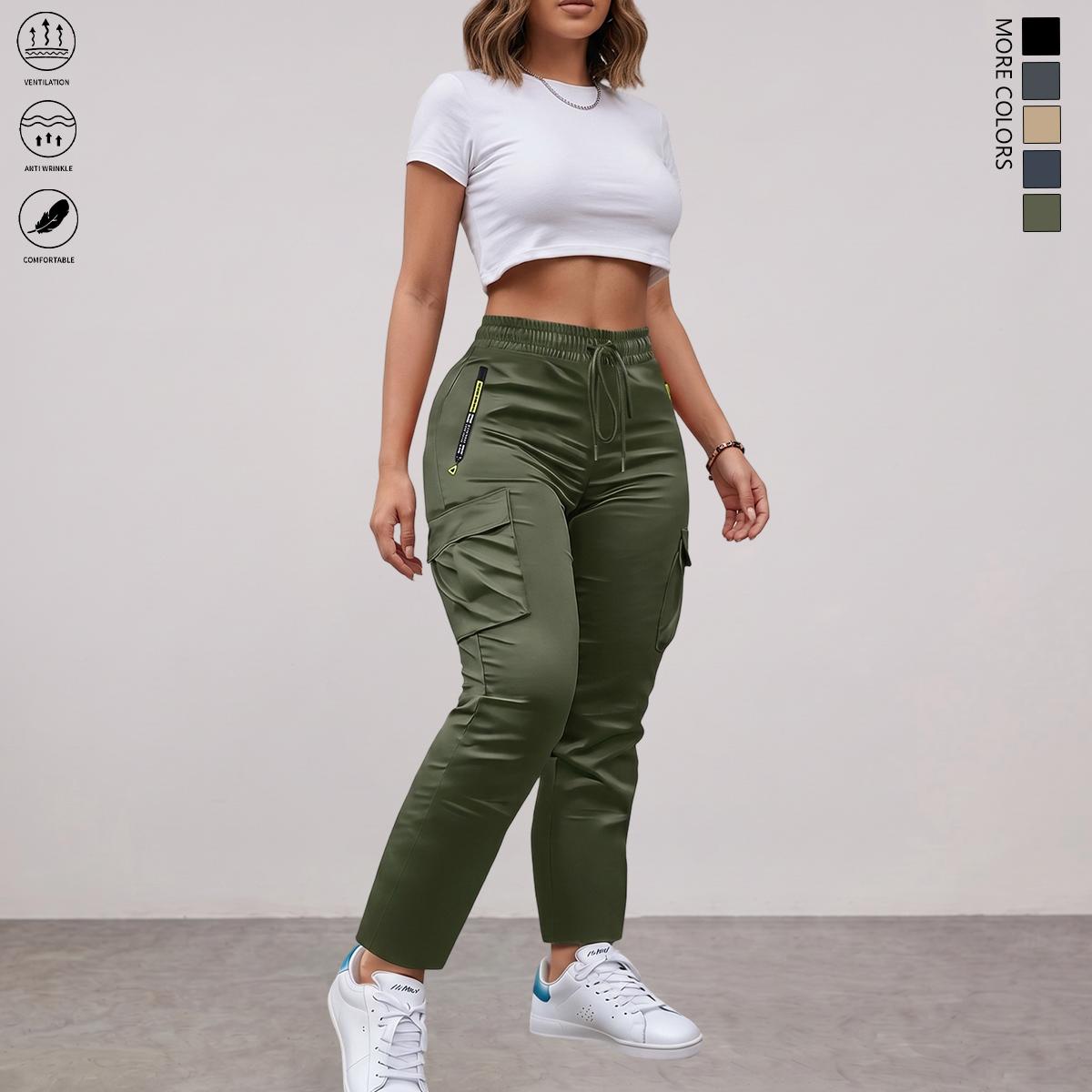 Women's Lightweight No-Stretch Straight-Leg Plain Look Casual Cargo Pants - Women's Clothes, Drawstring Waist, Multiple Pockets, Stylish Zippered Pocket, All-Season Workwear Utility Pants, Ideal for Outdoor Activities & Everyday Wear