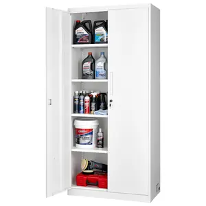 VEVOR Metal Storage Cabinet, 68.9 in Lockable Steel Garage Cabinet with 4 Adjustable Shelves, 2 Magnetic Doors, 2 Keys, 5 Tiers Tool Storage for Pantry, Warehouse, Basement, Laundry, Office, White