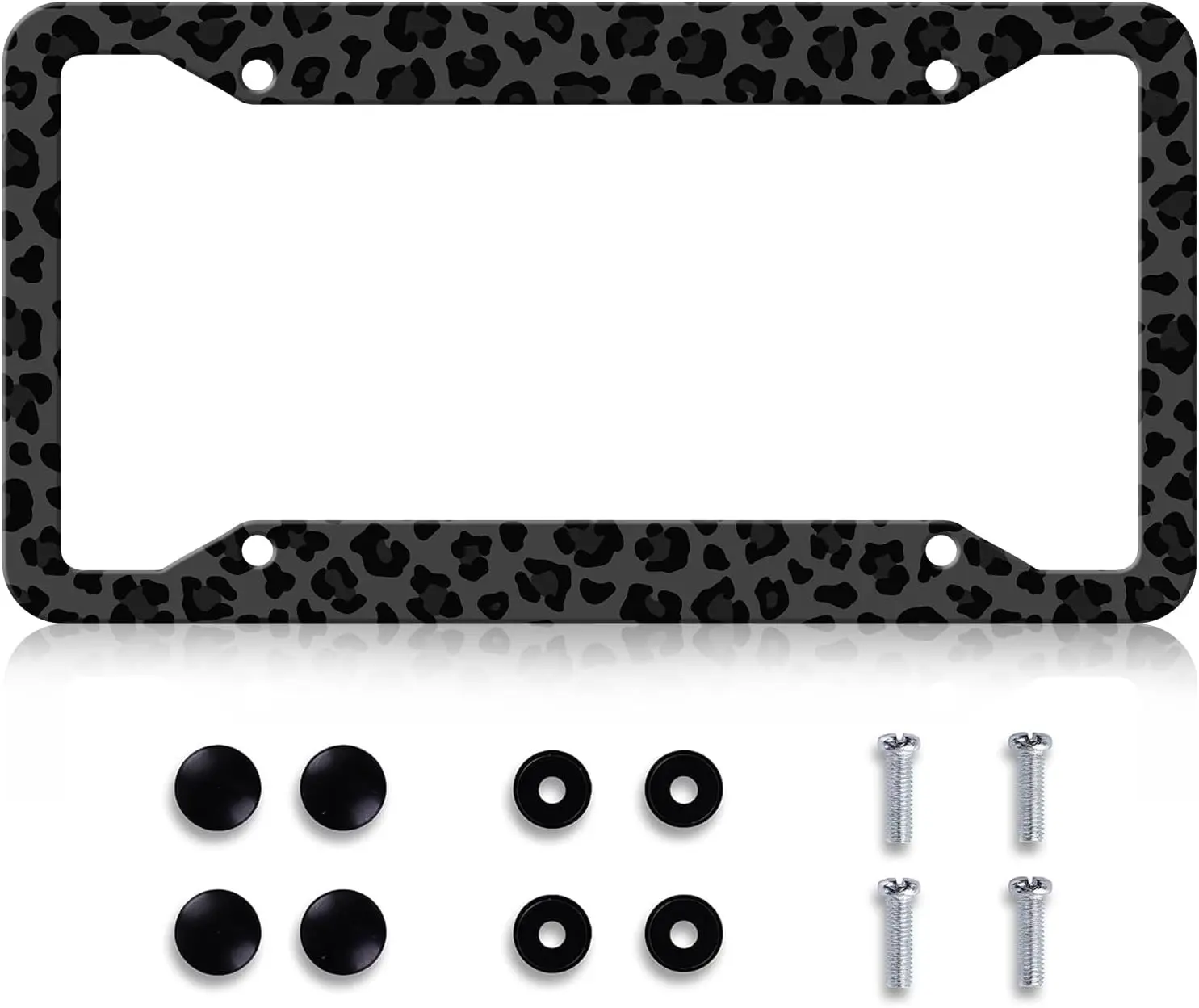 Black Leopard Print License Plate Frame - Personalized Cover, Rust-Proof Stainless Steel Waterproof Car Decor for 12x6 Inch Standard US Plates, License Plate Cover